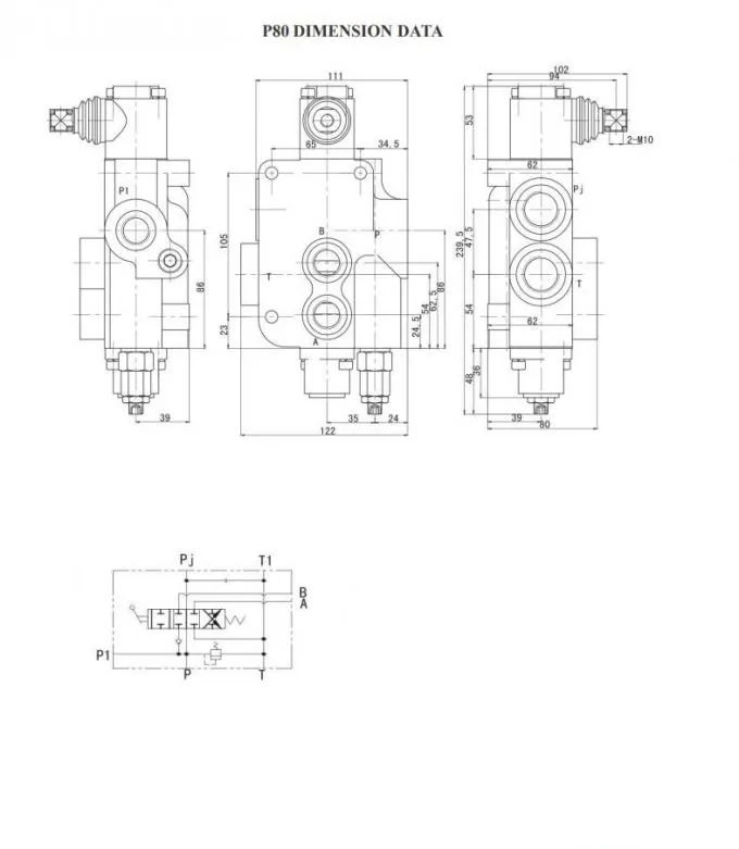Exterior Size Chart for P80, Hydraulic Directional Control Valves