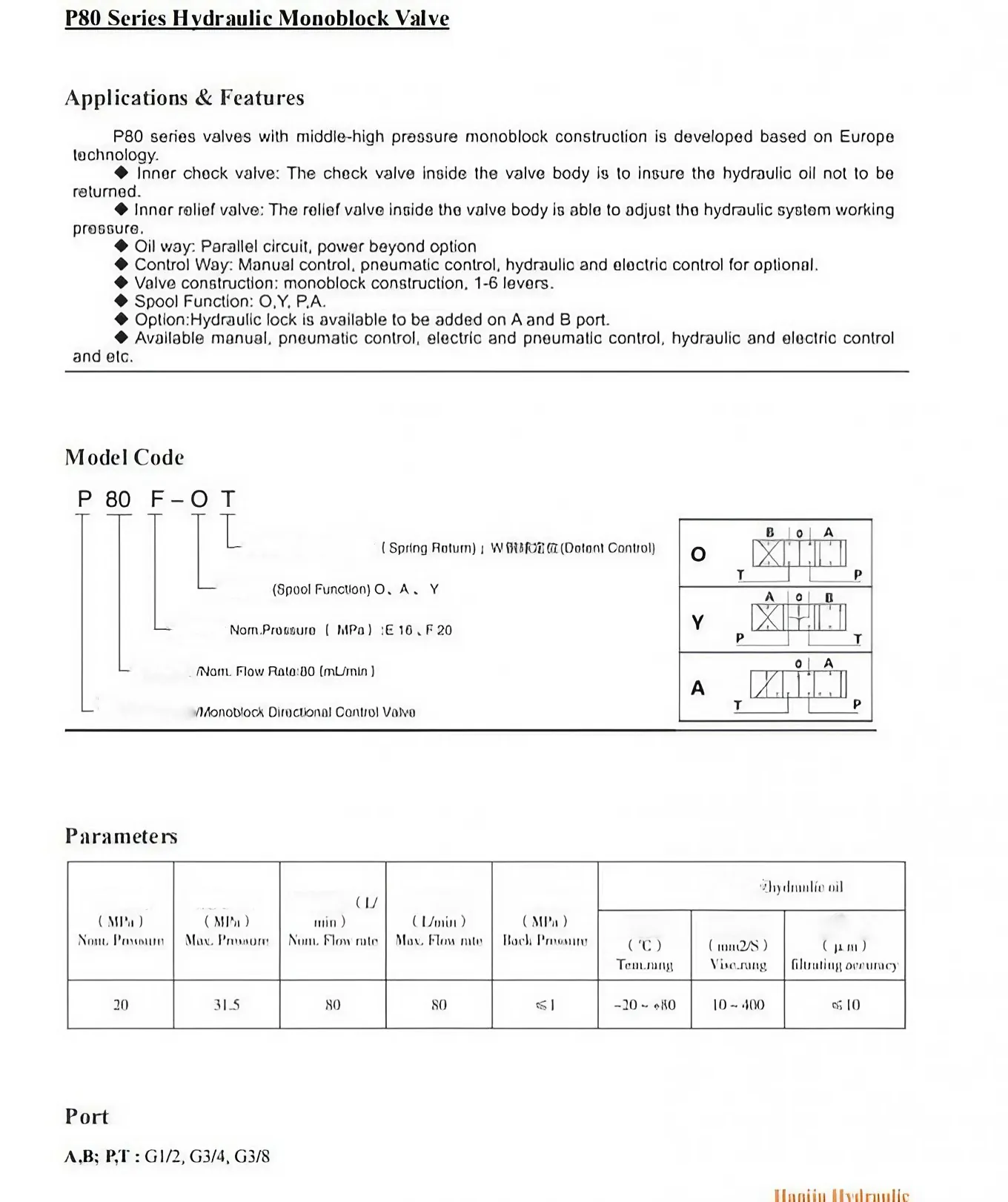 features and parameters for P80,Hydraulic Directional Control Valves