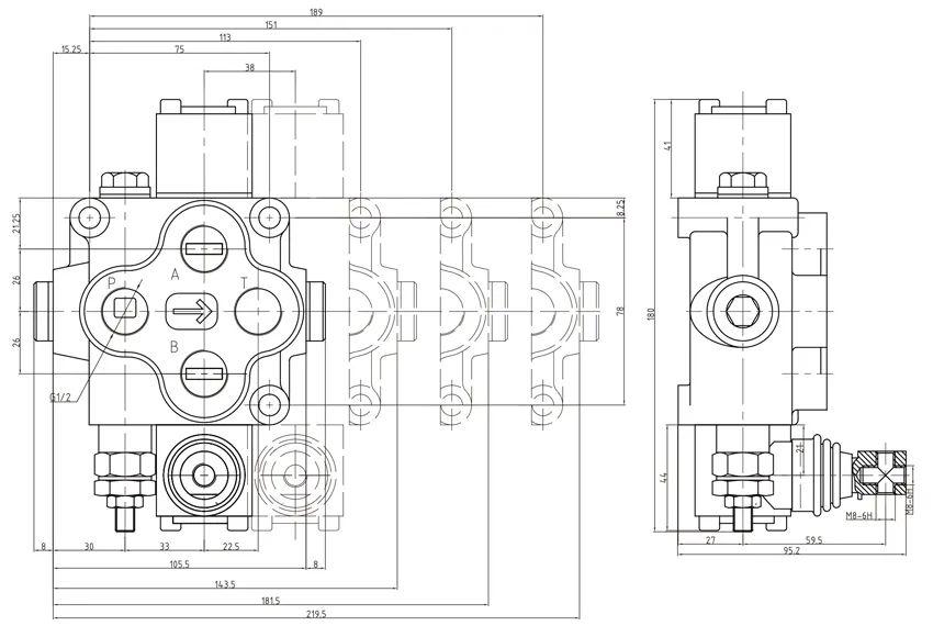 Exterior Size Chart for ZD-L102, Hydraulic Directional Control Valves