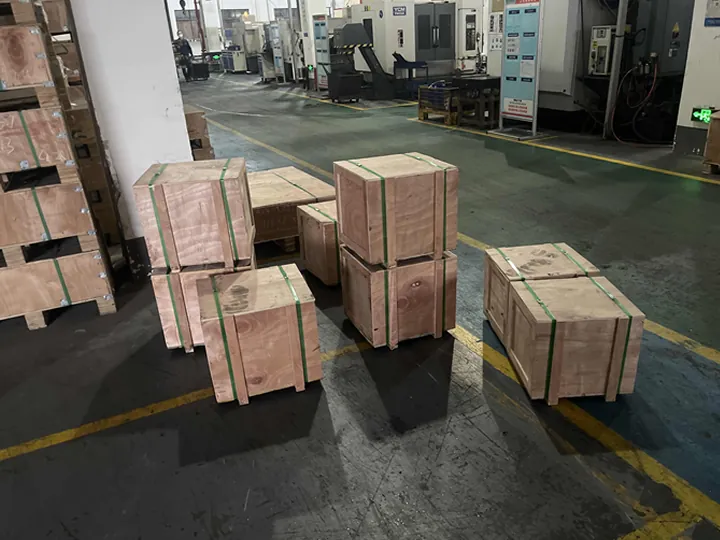 Products packaged in wooden crates in the factory